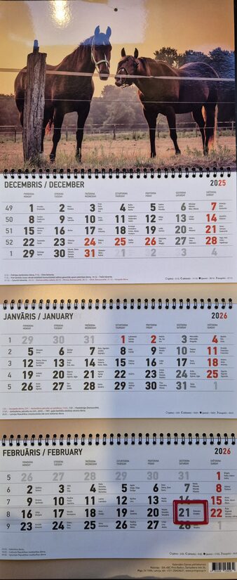 Кони. Вид 1. Трехблочный латвийский календарь с курсором на 2026 год