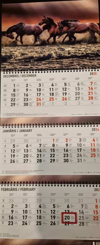 Кони. Вид 2. Трехблочный латвийский календарь с курсором на 2026 год