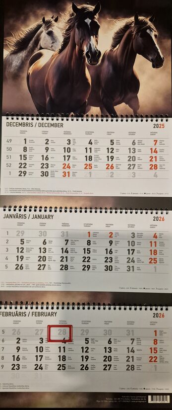Кони. Вид 3. Трехблочный латвийский календарь с курсором на 2026 год